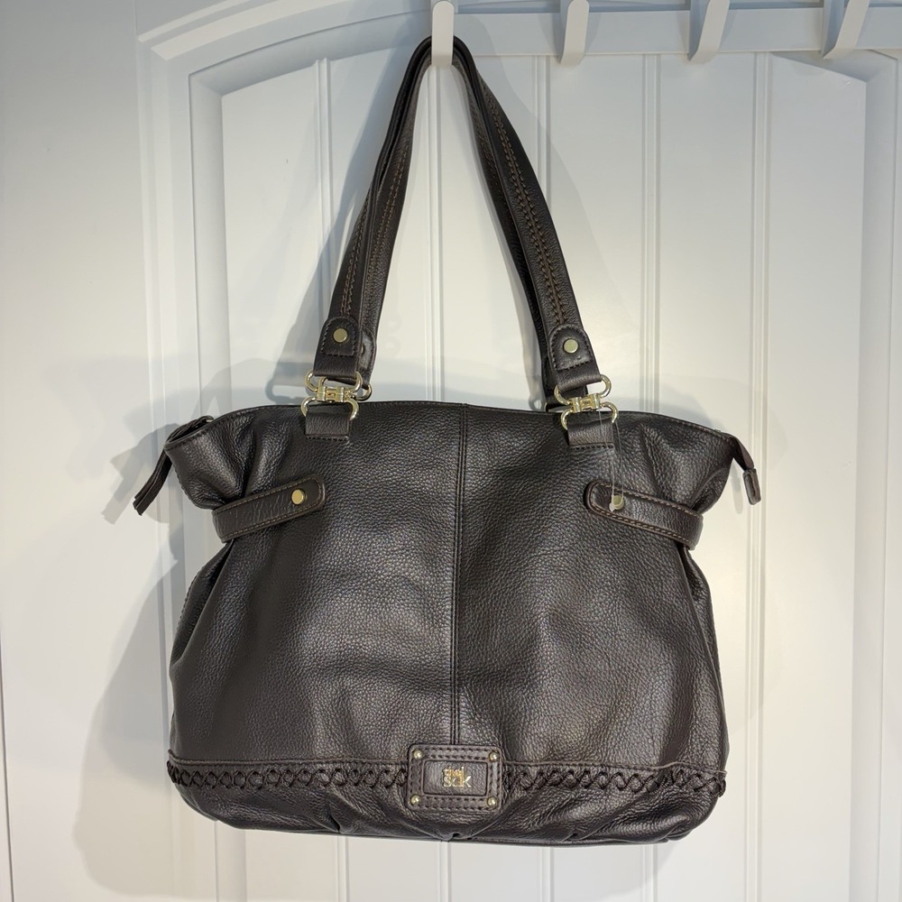 The Sak Brown Pebbled Leather Shoulder Tote Bag Braided Trim